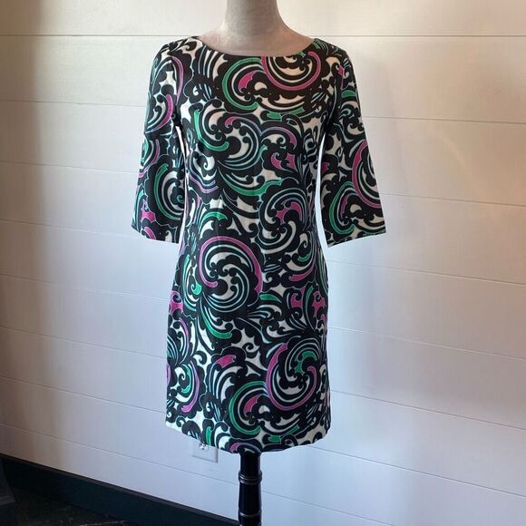 Banana Republic Black Pink Green Scroll Swirl 3/4 Sleeve Shift Dress Size 2 - Picture 1 of 8